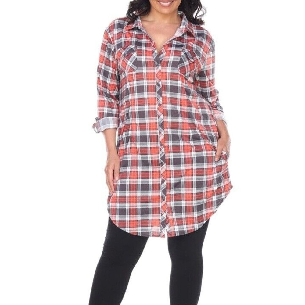 Womens White Mark Plaid Tunic Button Down Shirt Dress With Pockets Sz 2XL 2X